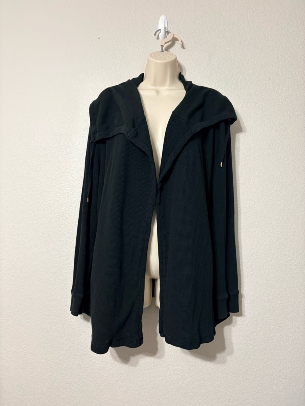Lauren Ralph Lauren Black Waffle Knit Open Jacket Cardigan Drawstring‎ Collar XL